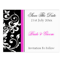 Black and Hot Pink Swirl Wedding Save The Date Post Card