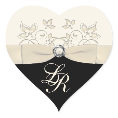 This ivory and black heart shaped monogrammed wedding sticker envelope seal