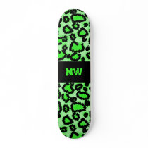 Black and Lime Green Leopard Print Pattern. Custom Skateboard