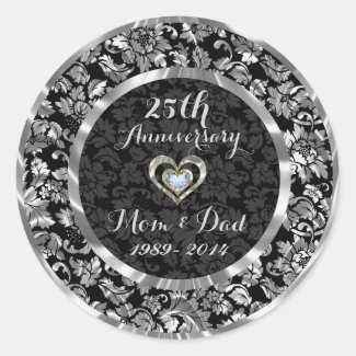 Black And Metallic Silver 25th Wedding Anniversary Round Sticker