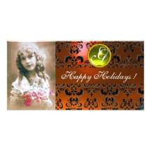 BLACK AND ORANGE DAMASK Yellow Topaz Monogram Customized Photo Card