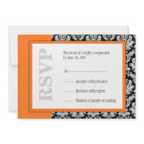 Black and Orange Monogram Damask RSVP Cards