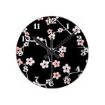 Black and Pale Pink Cherry Blossom Print Round Wall Clock