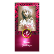 BLACK AND PINK DAMASK Red Ruby Monogram Customised Photo Card