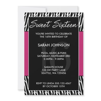 Black and Pink Zebra Pattern Sweet 16 Birthday Personalized Invites by printcreekstudio