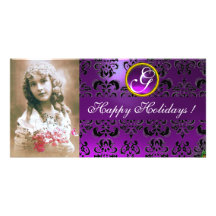 BLACK AND PURPLE DAMASK Amethyst Monogram Personalised Photo Card