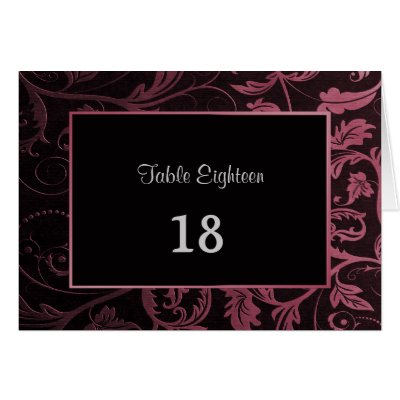 Black and Raspberry Damask Table Seating Number Cards by SpiceTree_Weddings