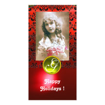 BLACK AND RED DAMASK Yellow Topaz Monogram Photo Card
