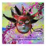 BLACK AND RED JESTER MASK , Masquerade Party Custom Invitations