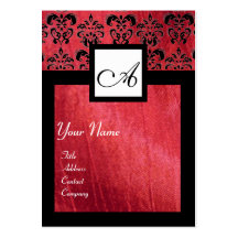 BLACK AND RED SILK DAMASK SQUARE MONOGRAM BUSINESS CARDS