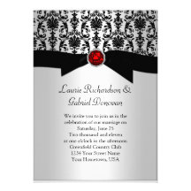 Black and Silver Damask Red Jewel Wedding Invite