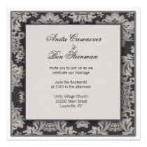 Black and silver damask Wedding Floral invitations