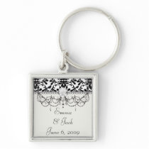 black and white birds intricate damask pattern key chain