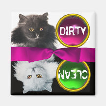 BLACK AND WHITE CAT DIRTY CLEAN REFRIGERATOR MAGNET