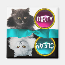 BLACK AND WHITE CAT DIRTY CLEAN REFRIGERATOR MAGNET