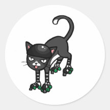 Black and white cat on Rollerskates Round Stickers