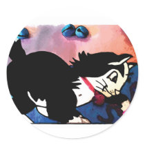Black and White Cat Playing Round Sticker