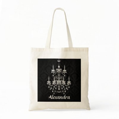 Black and White Chandelier Damask w/ Custom Name Tote Bag by CustomInvites