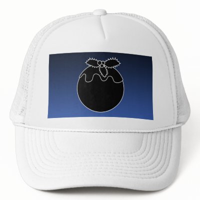 Black and White Christmas Pudding. On Blue. Mesh Hats by Graphics_By_Metarla