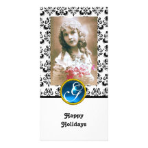 BLACK AND WHITE DAMASK Blue Sapphire Monogram Personalized Photo Card