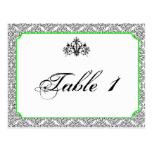 Black and White Damask Lime Wedding Table Number Postcards