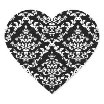Black and White Damask Pattern Heart Stickers