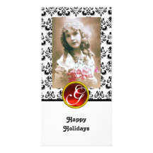 BLACK AND WHITE DAMASK Red Ruby Monogram Personalised Photo Card