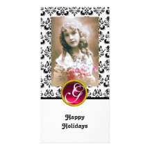 BLACK AND WHITE DAMASK Red Ruby Monogram Photo Card