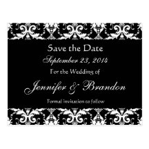 Black and White Damask Save The Date Postcard