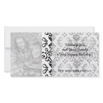 black and white damask swirl personalized photo card