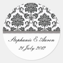 Black and White Damask Wedding Label Stickers