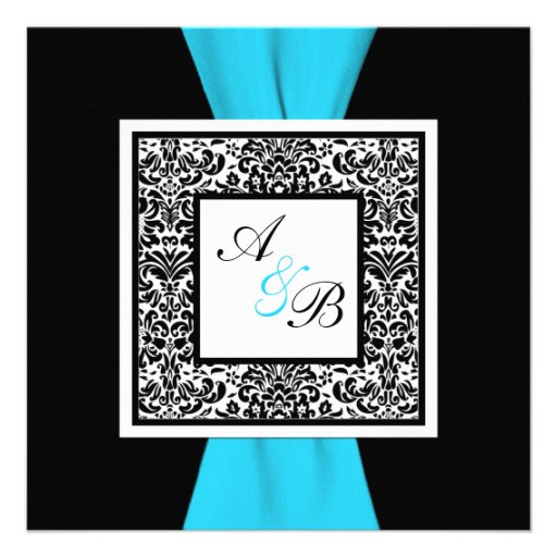 Black and White Damask with FAUX Blue Ribbon Personalised Invites