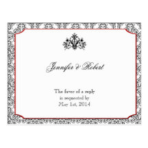 Black and White Damask with Red Accent RSVP Postcards
