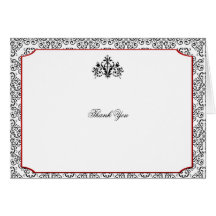 Black and White Damask with Red Accent Thank You Cards
