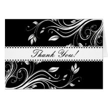 Black and White Floral Swirls Thank You Note Greeting Cards