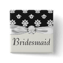 black and white flourish damask pattern button