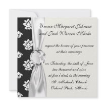 black and white flourish damask pattern personalized invites