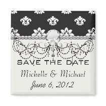 black and white flourish damask pattern fridge magnets