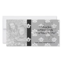 black and white flourish damask pattern personalised photo card