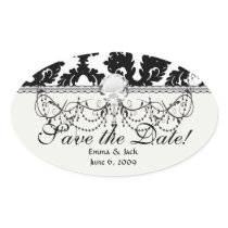 black and white funky damask pattern oval sticker