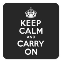 Black and White Keep Calm and Carry On Square Stickers