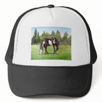 Black and White Paint horse/pony grazing in field Mesh Hat