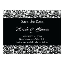 Black and White Personalised Damask Save the Date Postcards