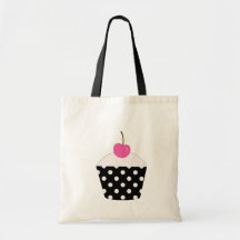 Black and White Polka Dot Pink Cherry Cupcake Tote Tote Bag