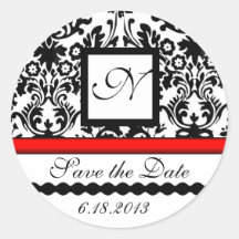 BLACK AND WHITE RED  DAMASK MONOGRAM,Save The Date Round Stickers