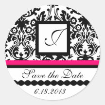 BLACK AND WHITE RED  DAMASK MONOGRAM,Save The Date Round Stickers