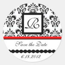 BLACK AND WHITE RED  DAMASK MONOGRAM,Save The Date Round Sticker