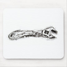 Black and White Tool Drawing Wrench Mouse Mat