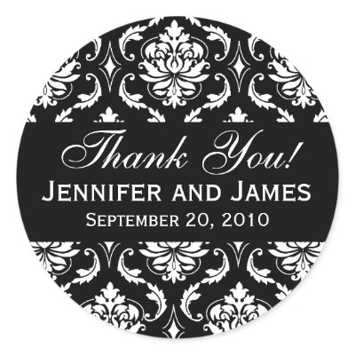Black and White Wedding Damask Thank You Label Sticker by monogramgallery
