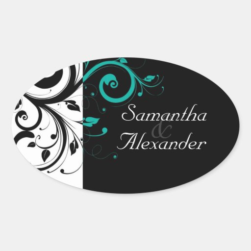 Black and White with Teal Reverse Swirl Oval Stickers